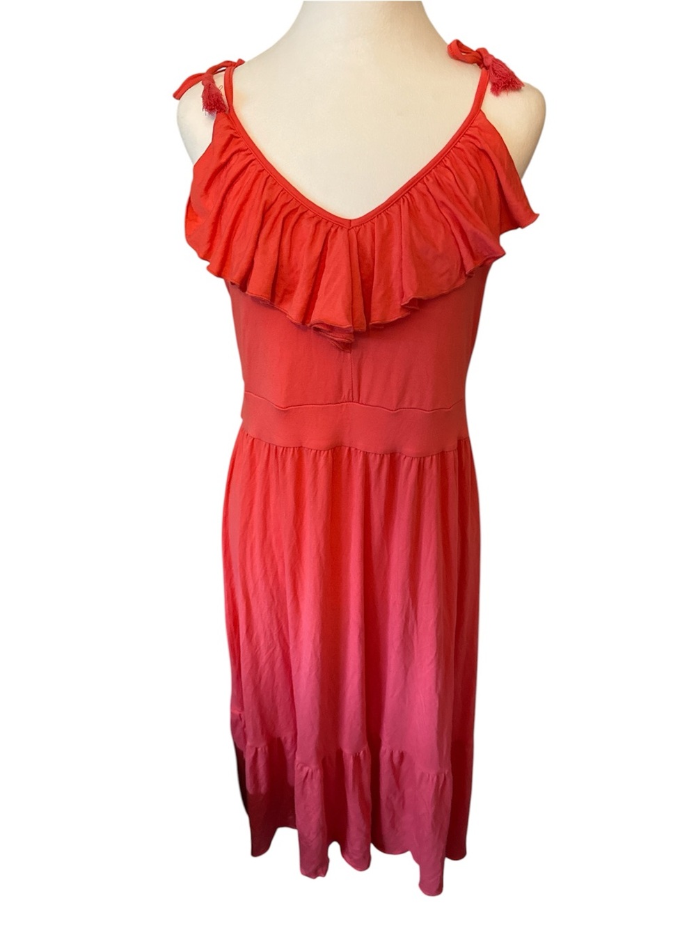Coral Red Ruffle Midi Dress with Tie-Strap Shoulders